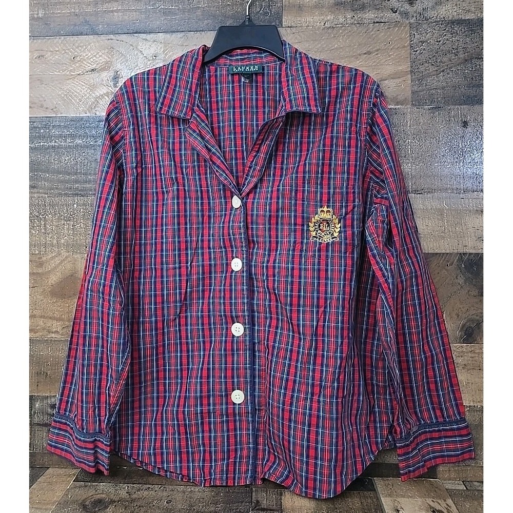 Lauren Ralph Lauren Pajama Top Women XL Plaid Logo Classic Cabincore Cotton